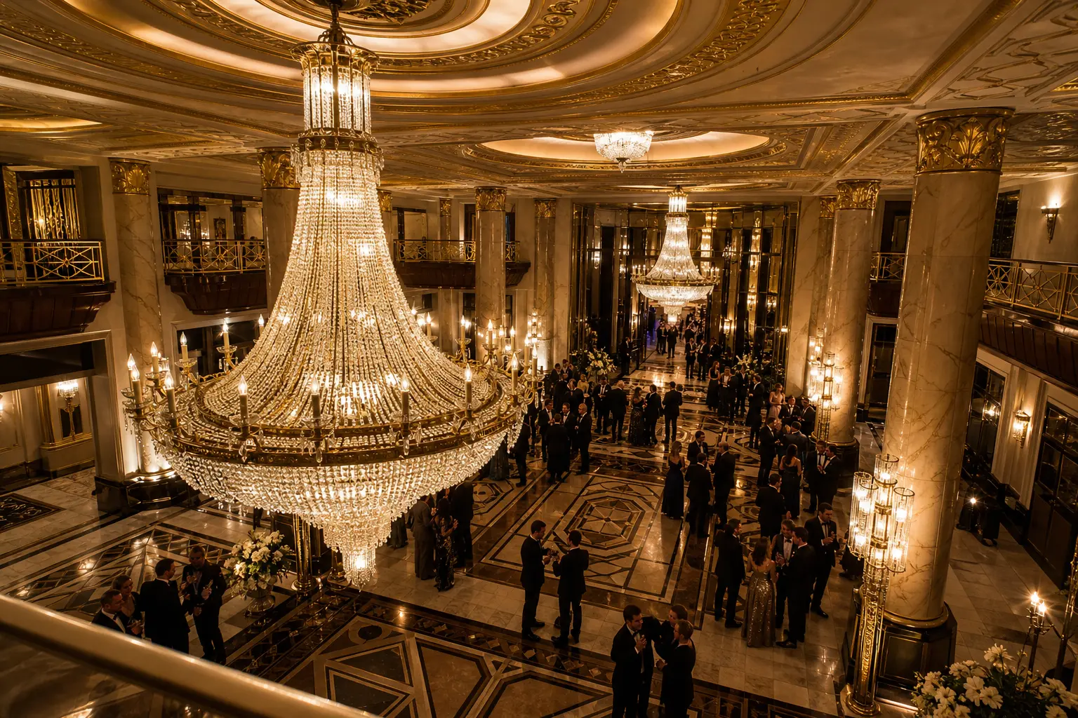 Elegancka aranżacja stołu w stylu Art Deco ze złotymi akcentami i kryształowymi dodatkami