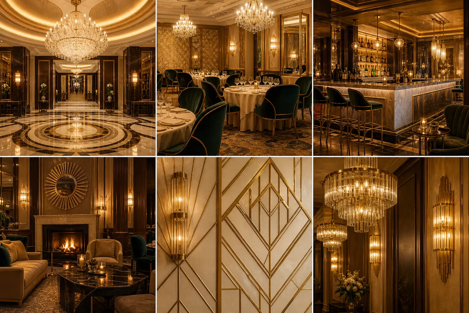 Elegancka sala bankietowa z art déco zyrandolem, złotymi akcentami i nakrytym stołem