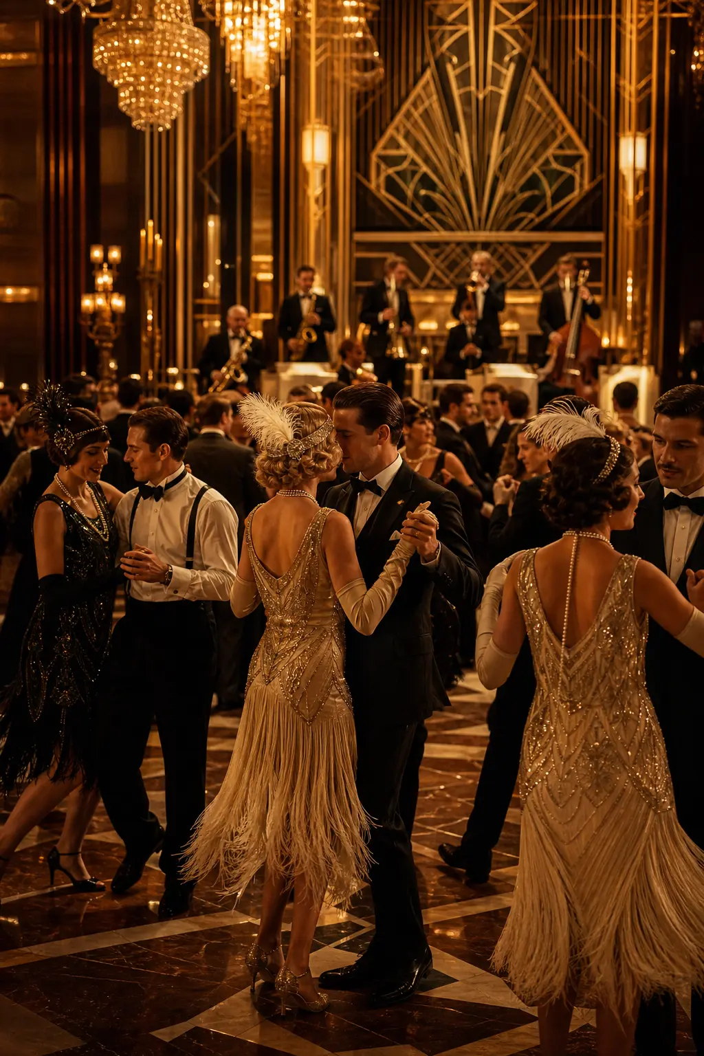 Wieczor tematyczny w stylu Gatsby — eleganckie dekoracje i goscie w stylizacjach z lat 20.