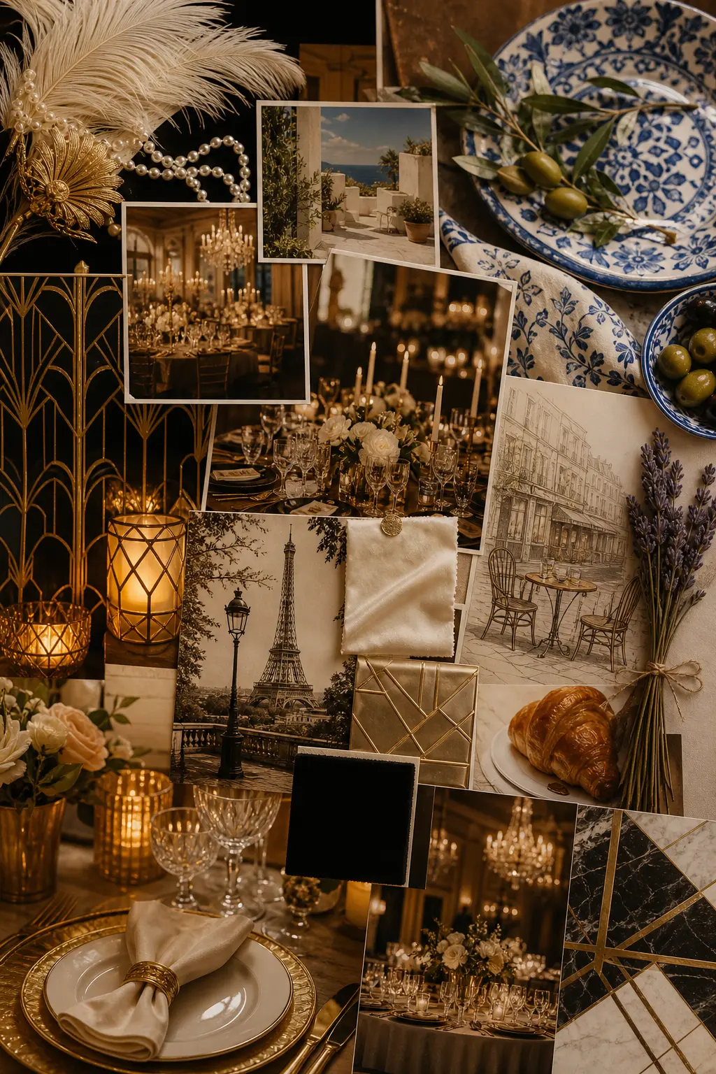 Uroczysta kolacja w stylu Great Gatsby z art déco dekoracjami i złotymi akcentami